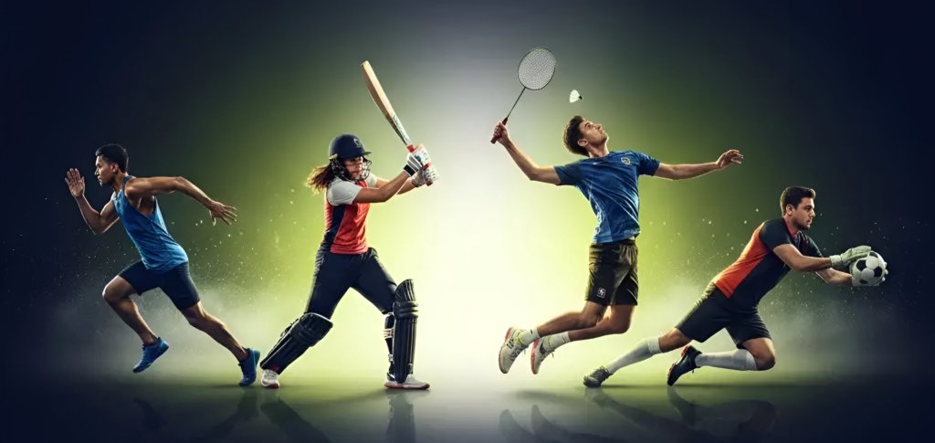 Group of Indian athletes performing cricket, football, badminton, and running in a cinematic sports campaign with glowing lighting and dynamic motion for Gameonglow Sports Skincare brand.